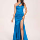 Sexy Satin One-shoulder Prom Dresses Side Slit Sheath Floor Length Long