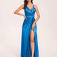 Sexy Satin A-line Prom Dresses Spaghetti Straps Side Slit V-neck Floor Length