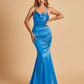 Satin Mermaid Open Back Prom Dresses Spaghetti Straps Scoop Floor Length