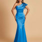 Satin One-shoulder Bridesmaid Dresses Ruffle Sleeves Mermaid Floor Length For Sale