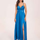 Satin Spaghetti Straps A-line Bridesmaid Dresses Side Slit Floor Length