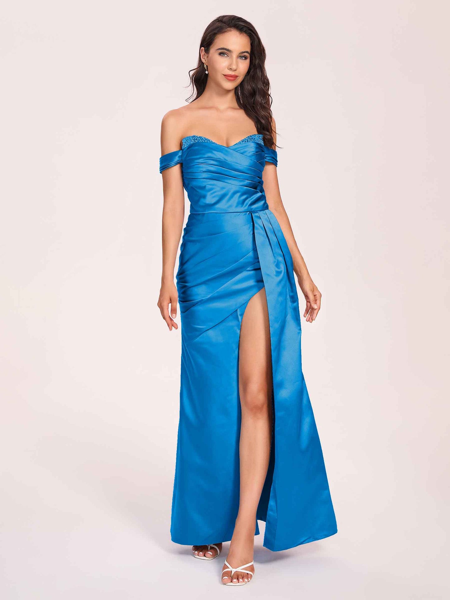 Elegant Satin Off Shoulder Bridesmaid Dresses Side-slit Sweetheart Floor Length Sheath