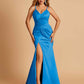 Sexy Mermaid Bridesmaid Dresses Spaghetti Straps Satin Side Slit Pleats Floor Length