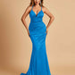 Satin Mermaid Open-back Bridesmaid Dresses Spaghetti Straps V-neck With Pleats Floor Length