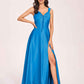 Satin V-neck A-line Prom Dresses Side slit Floor Length