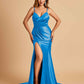 Satin Mermaid V-neck Bridesmaid Dresses Spaghetti Straps Side Slit Floor Length