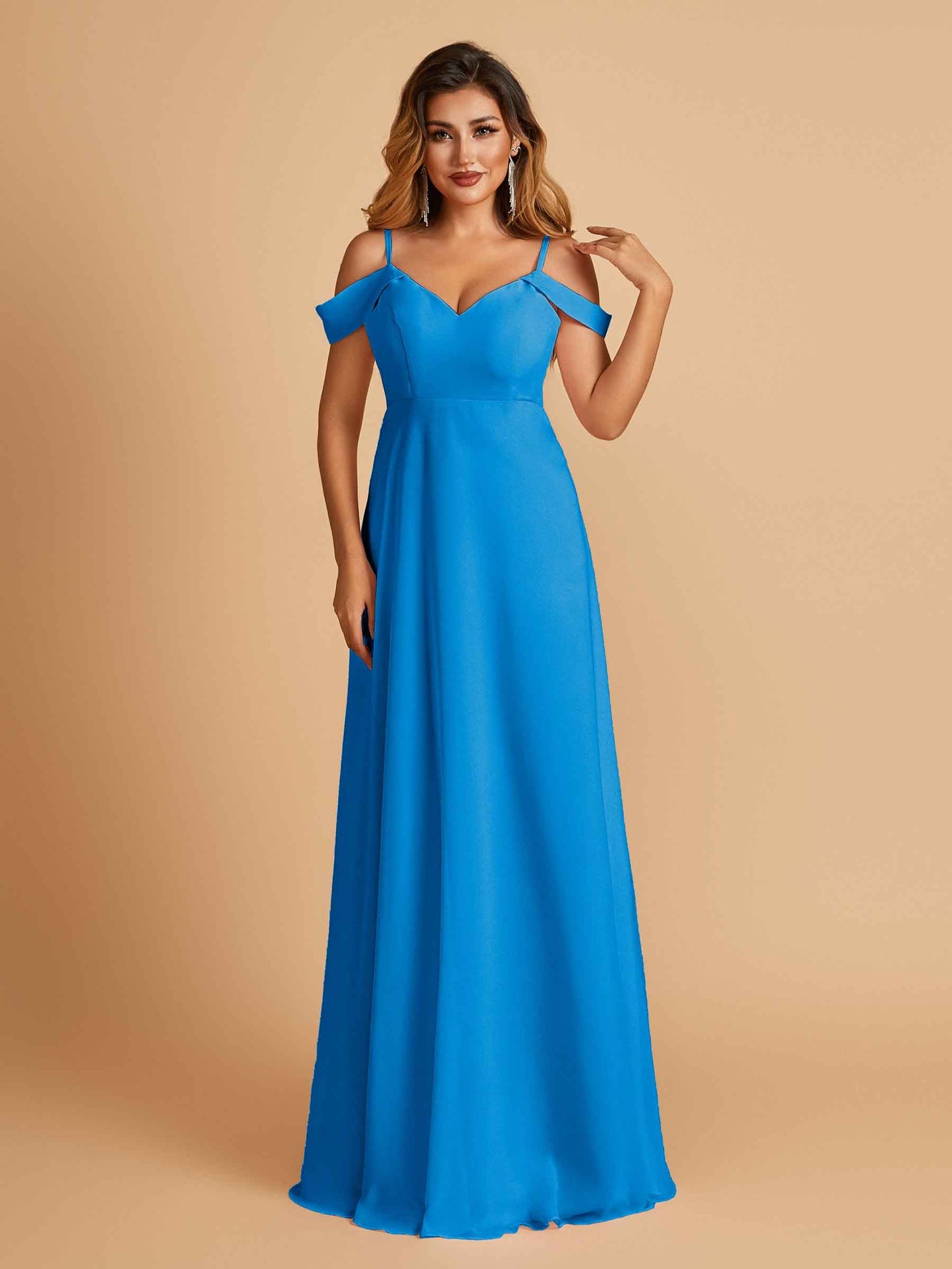 Chiffon Off-shoulder Long Bridesmaid Dresses V-neck Floor Length A-line For Sale