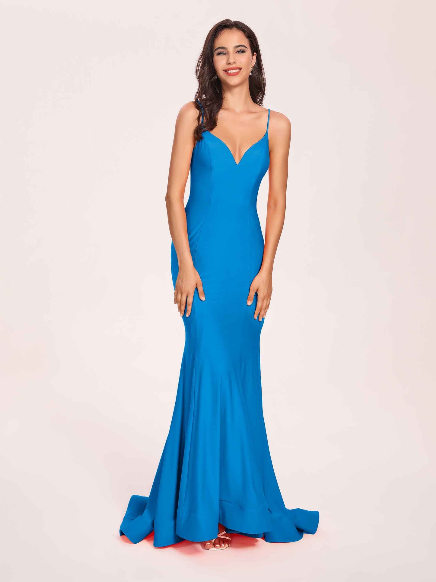 Sexy Satin Mermaid Prom Dresses Spaghetti Straps V-neck Floor Length Lace-up Back