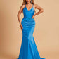 Sexy Satin Mermaid Prom Dresses Spaghetti Straps V-neck Pleats Floor Length