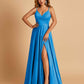 Satin A-line Long Prom Dresses Spaghetti Straps V-neck Side Slit Floor Length
