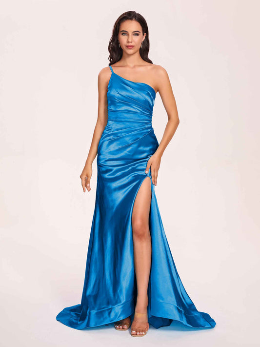 Satin One-shoulder Mermaid Prom Dresses Side Slit Pleats Floor Length