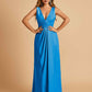 Sexy Satin Deep V-neck Long Bridesmaid Dresses A-line Pleats Sleeveless Floor Length