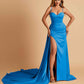 Sexy Satin Sheath Bridesmaid Dresses Spaghetti Straps Sweetheart Side Slit With Train