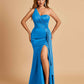 Satin One Shoulder Mermaid Bridesmaid Dresses Side Slit Floor Length