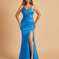 Sexy Satin Mermaid Long Prom Dresses Spaghetti Straps Sweetheart Side Slit Criss-cross Back