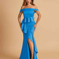 Satin Mermaid Off Shoulder Bridesmaid Dresses With Ruffles Side Slit Floor Length
