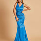 Sexy Satin Criss-cross Back Bridesmaid Dresses Mermaid Deep V-neck Back Pleats Floor Length
