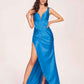 Satin Spaghetti Straps Corset Prom Dresses Pleats Side-Slit Sheath Floor Length