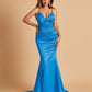 Satin Mermaid V-neck Prom Dresses Spaghetti Straps Floor Length