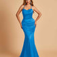 Sexy Satin Mermaid Prom Dresses Spaghetti Straps Scoop Criss-cross Back