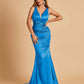 Sexy Satin Criss-cross Back Prom Dresses Mermaid Deep V-neck Back Pleats Floor Length