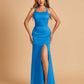 Satin Mermaid Long Bridesmaid Dresses Spaghetti Straps Scoop Side Slit Criss-cross Back