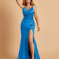 Sexy Satin Mermaid Bridesmaid Dresses Spaghetti Straps V-neck Side Slit Half Open Back