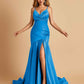 Sexy Satin Mermaid Open Back Prom Dresses Spaghetti Straps V-neck Side Slit