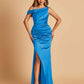 Unique Satin One Shoulder Prom Dresses Side Slit Half Open Back Floor Length