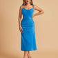 Sexy Satin Midi Bridesmaid Dresses Spaghetti Straps Slip Scoop Side Slit