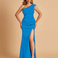 Satin One-shoulder Bridesmaid Dresses Mermaid Side Slit Sleeveless Floor Length