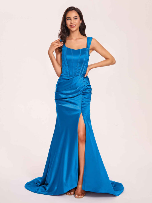 Sexy Satin Square Mermaid Prom Dresses Pleats Side-Slit Floor-Length Sleeveless