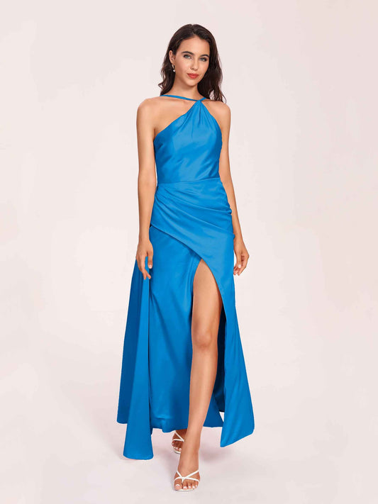 Sexy Satin Halter Strap Sheath Prom Dresses Side Slit Pleats Floor Length
