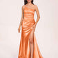 Satin One-shoulder Mermaid Prom Dresses Side Slit Pleats Floor Length