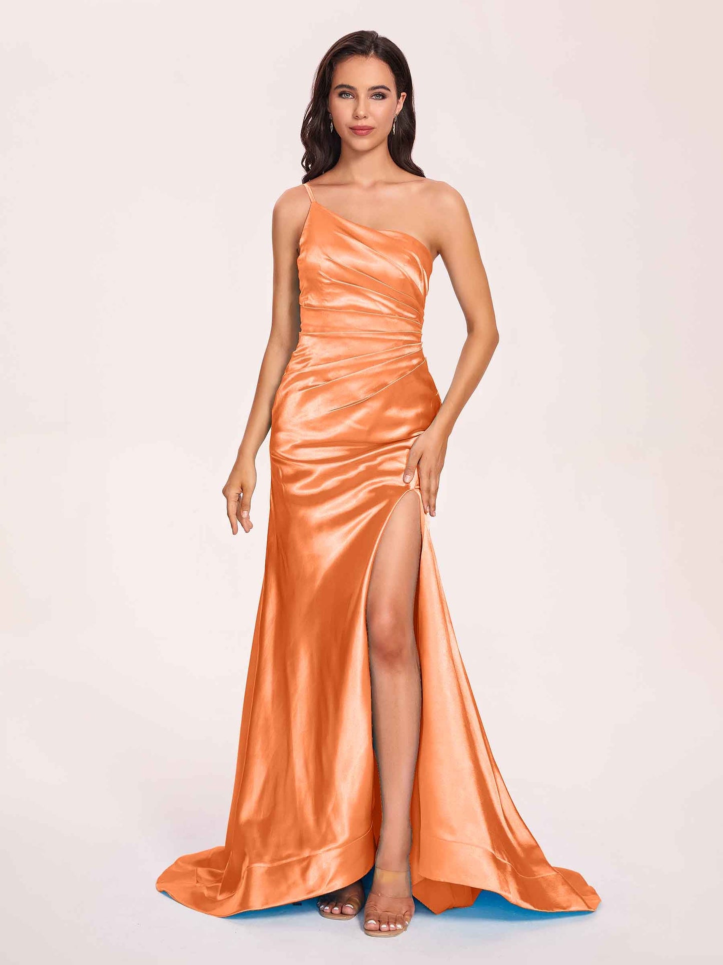 Satin One-shoulder Mermaid Prom Dresses Side Slit Pleats Floor Length