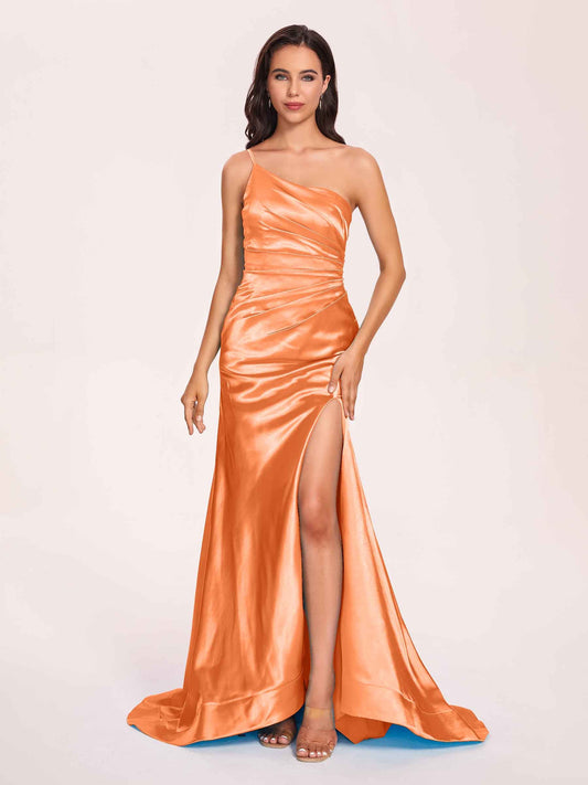 Satin One-shoulder Mermaid Prom Dresses Side Slit Pleats Floor Length