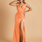 Satin Spaghetti Straps Long Prom Dresses V-neck Side Slit Criss-cross Back Sheath