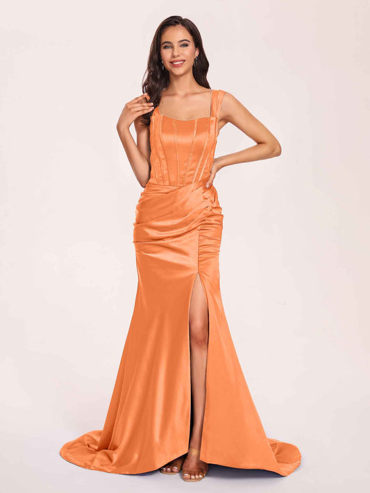 Sexy Satin Square Mermaid Prom Dresses Pleats Side-Slit Floor-Length Sleeveless