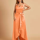 Satin Asymmetric V-neck Bridesmaid Dresses Sleeveless Side Slit A-line Unique For Sale
