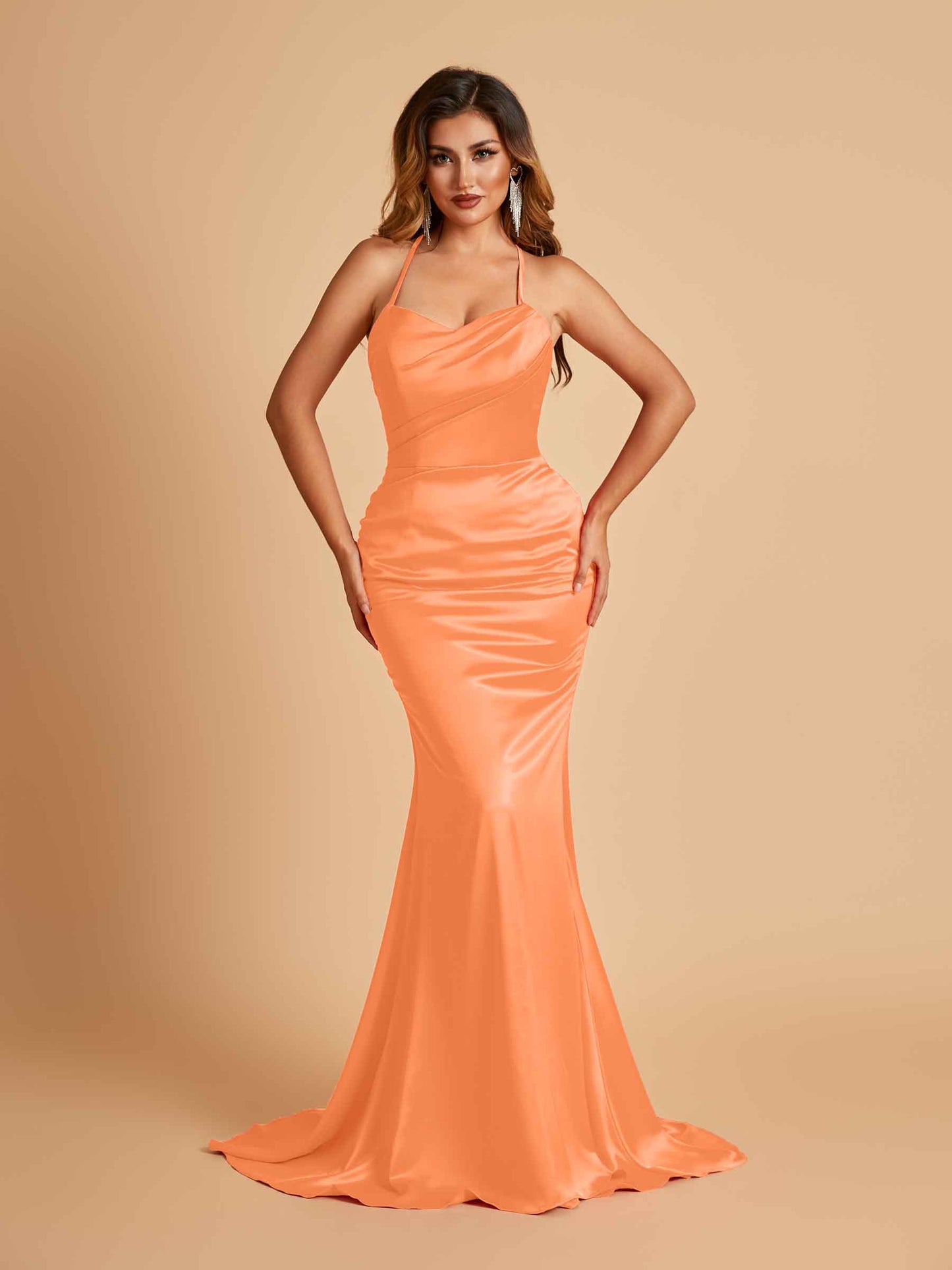 Sexy Satin Mermaid Bridesmaid Dresses Spaghetti Straps Scoop Criss-cross Back