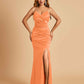 Sexy Satin Mermaid Bridesmaid Dresses Spaghetti Straps V-neck Side Slit Floor Length