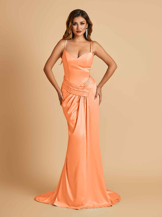 Satin Mermaid Sweetheart Prom Dresses Spaghetti Straps With Pleats Floor Length
