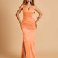 Satin Mermaid Long Bridesmaid Dresses Spaghetti Straps V-neck Side Slit Floor Length For Sale