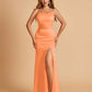 Satin Mermaid Long Bridesmaid Dresses Spaghetti Straps Scoop Side Slit Criss-cross Back