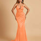 Satin Mermaid Open-back Prom Dresses Spaghetti Straps V-neck With Pleats Floor Length