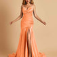 Sexy Satin Mermaid Open Back Prom Dresses Spaghetti Straps V-neck Side Slit
