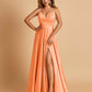 Satin A-line Long Bridesmaid Dresses Spaghetti Straps V-neck Side Slit Floor Length