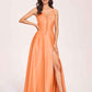 Satin V-neck A-line Prom Dresses Side slit Floor Length