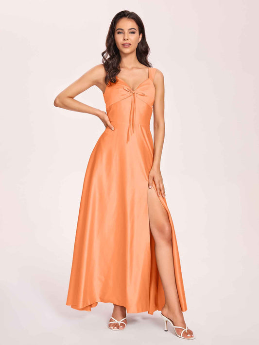 Satin V-neck A-line Prom Dresses Side slit Floor Length