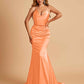 Sexy Satin Mermaid Prom Dresses Spaghetti Straps V-neck Pleats Floor Length